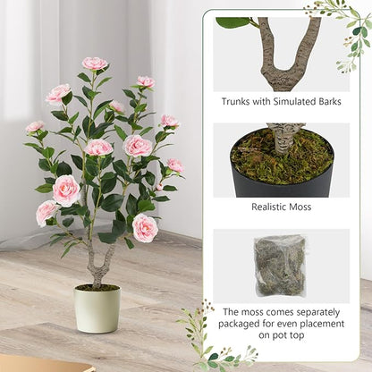 Goplus 36’’ Artificial Camellia Tree, 2 Pack Flower Plants Artificial Tree, Faux Floral Plant Blooming Tree in Nursery Pot, Greenery Potted Plant for Indoor Office Home Porch Decor, Pink