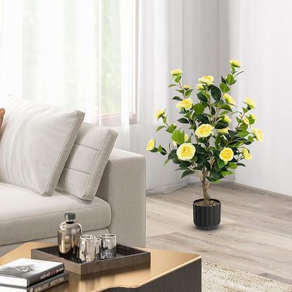 Goplus 38’’ Artificial Camellia Tree, Flower Plants Artificial Tree, Faux Floral Plant Blooming Tree in Cement Pot, Greenery Potted Plant for Indoor Outdoor Office Home Porch Decor