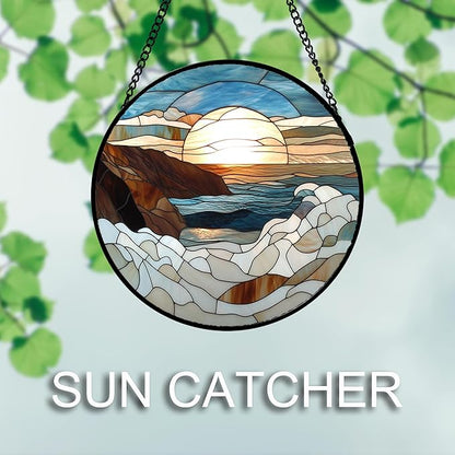 Stained Glass Window Hanging 4 Pcs Set Ocean Waves 6.3" - Blue and White Sea Suncatcher Door Garden Sun Catcher Decor Birthday Christmas for Mom Woman Nana Men