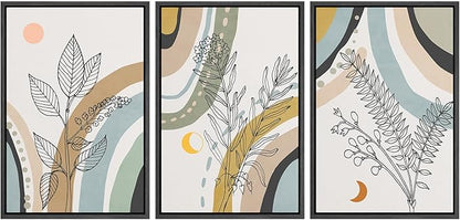 Ashbrook Framed Wall Art Print Set 1960s Retro Floral Forest Plant Silhouettes Abstract Nature Illustrations Modern Art Boho Colorful for Living Room, Bedroom, Office - 24"x36"x3 BLACK