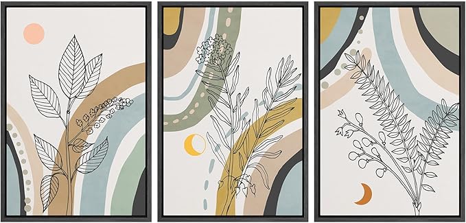 Ashbrook Framed Wall Art Print Set 1960s Retro Floral Forest Plant Silhouettes Abstract Nature Illustrations Modern Art Boho Colorful for Living Room, Bedroom, Office - 16"x24"x3 BLACK