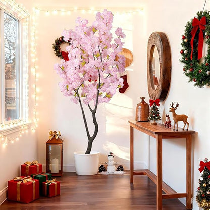 6.56ft Tall Pink Artificial Cherry Blossom Tree Decor, Fake Silk Flower Plant Indoor, Sakura Tree Realistic Faux Cherry Tree for Christmas New Year Home Decor