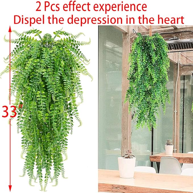 CLONG 2 pcs Artificial Hanging Ferns Plants Vine Fake Ivy Boston Fern Hanging Plant Outdoor UV Resistant Plastic Plants (2, Green)