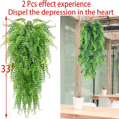 CLONG 2 pcs Artificial Hanging Ferns Plants Vine Fake Ivy Boston Fern Hanging Plant Outdoor UV Resistant Plastic Plants (2, Green)
