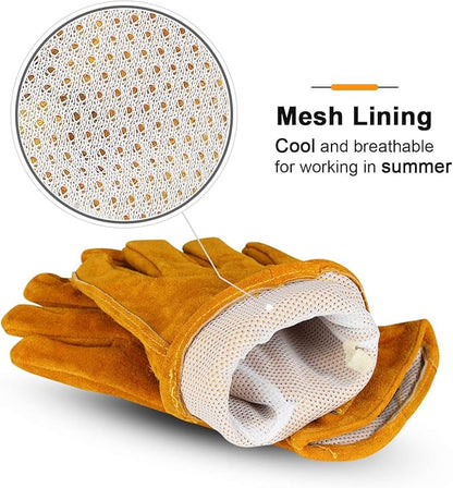 OZERO Leather Work Gloves Flex Grip Tough Cowhide Gardening Glove for Men and Women (Large, Gold With Mesh Linning)