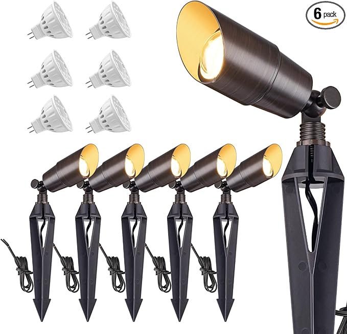 Brass Landscape Spotlights: Solid Brass Landscape Lights, Waterproof 12V Low Voltage Spot Lights with 5W MR16 LED Bulb (Warm White) for Garden, Patio, Lawn & Yard 6-Pack
