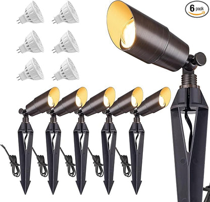 Brass Landscape Spotlights: Solid Brass Landscape Lights, Waterproof 12V Low Voltage Spot Lights with 5W MR16 LED Bulb (Warm White) for Garden, Patio, Lawn & Yard 6-Pack