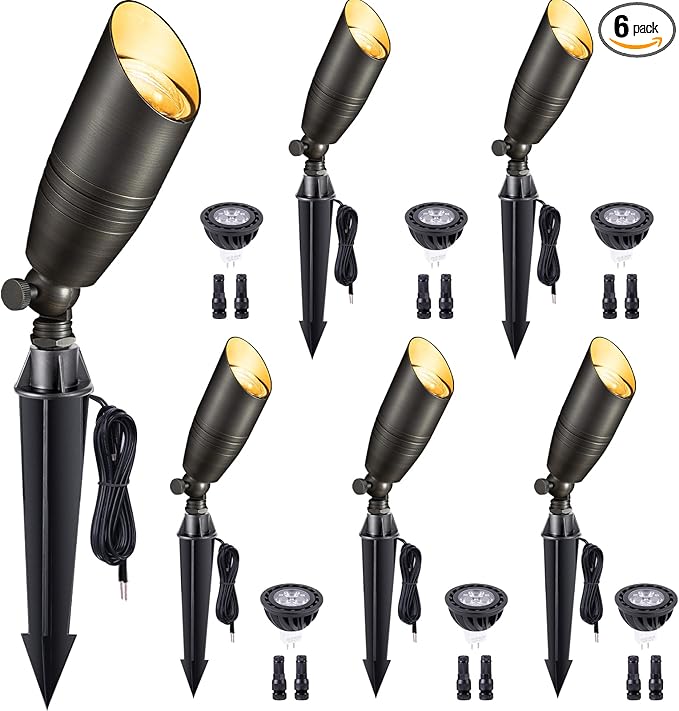 Gardenreet Low Voltage Spot Lights - Solid Brass Landscape Spotlight Wired, 12V Outdoor LED Bullet Uplights, Waterproof Electric Bronze for Patio Wall with 5000K Daylight MR16 Bulb (6 Pack)