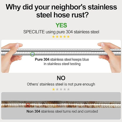 SPECILITE 120ft 304 Stainless Steel Garden Hose Metal, Heavy Duty Water Pipe with Nozzles for Yard, Outdoor - Flexible, Never Kink & Tangle, Puncture Resistant (Sliver)