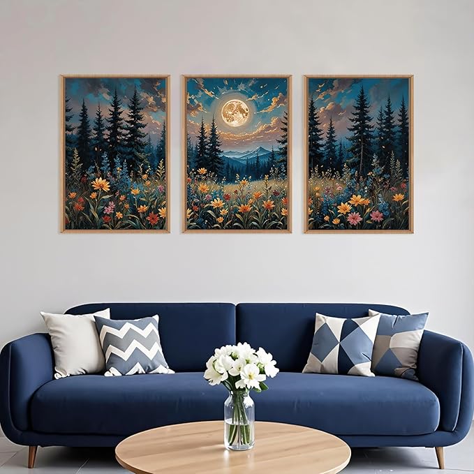 Large Nature Moon Wildflowers Framed Canvas Wall Art,Vintage Forest Flowers Wall Decor,Dark Mountain Night Painting,Wilderness Artwork for Living Room,Bedroom,Dining Room,Office -16"x24"x3