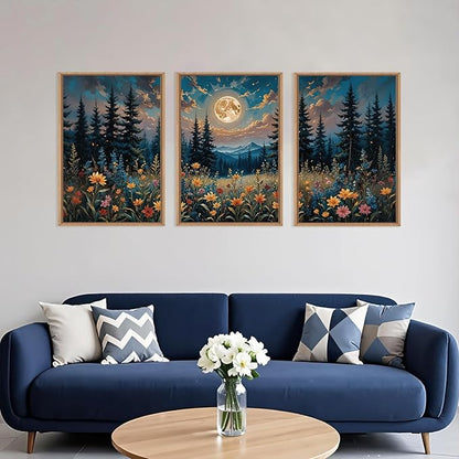 Large Nature Moon Wildflowers Framed Canvas Wall Art,Vintage Forest Flowers Wall Decor,Dark Mountain Night Painting,Wilderness Artwork for Living Room,Bedroom,Dining Room,Office -16"x24"x3