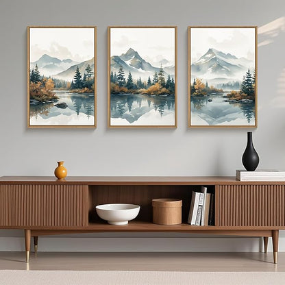 HLNIUC Winter Christmas Mountain Wall Art Framed,Large White Snowy Forest Decor Set of 3 (16"x24"), Watercolor Nature Lake Foggy Landscape Canvas Painting for Living Room, Bedroom, Office