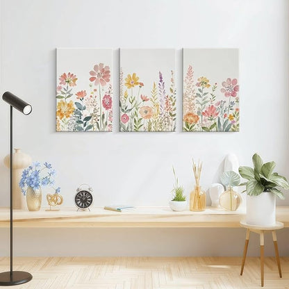 Framed Watercolor Wildflowers Canvas Wall Art Colorful Floral Poster Picture Vintage Country Painting Nature Landscape Modern Home Print Living Room Gallery Office Ready to Hang 16x24 Inch x3