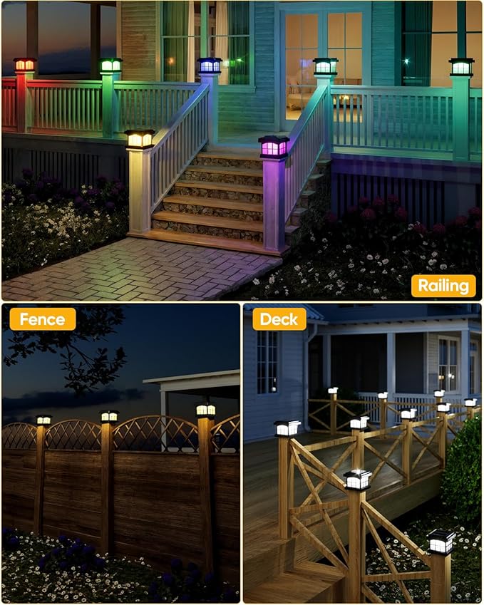 PARTPHONER RGBCW Solar Post Cap Lights 8-Pack, 9 Colors 3 Modes Fence Caps, Bright Solar Outdoor Waterproof LED Deck Lighting for Fence Garden Deck Patio Porch Decor 4x4 Vinyl/Wood, Black