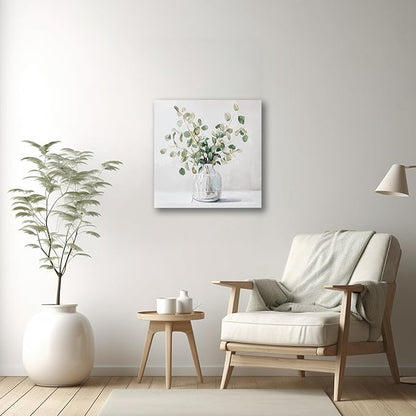 Eucalyptus Hand painted Canvas Wall Art, Eucalyptus Plant Painting Art Decor,Sage Green Botanical Canvas Print,Bathroom Pictures Rustic Wall Decor.Nature Flower Painting Artwork for Bedroom 12"x12"