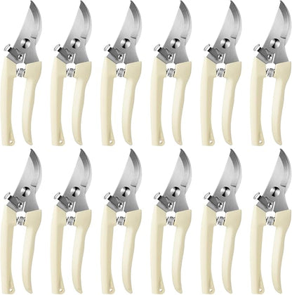 Therwen 12 Pcs Garden Shears Flower Scissors Pruning Shears Floral Garden Clippers Hand Pruners Branch Cutter Gardening Tools for Plants Cutting, Trimming, Fruits Picking (Beige,Bypass)