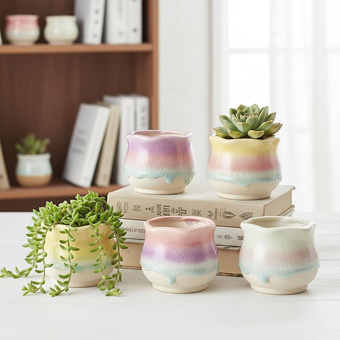 6 Pack Ceramic Succulent Planters, 3.54" W × 3.35" H Gradient Crackle Glaze Flower Pots for Succulents, Cacti, Small Plants, Creative Gardening Decorative Planter Containers
