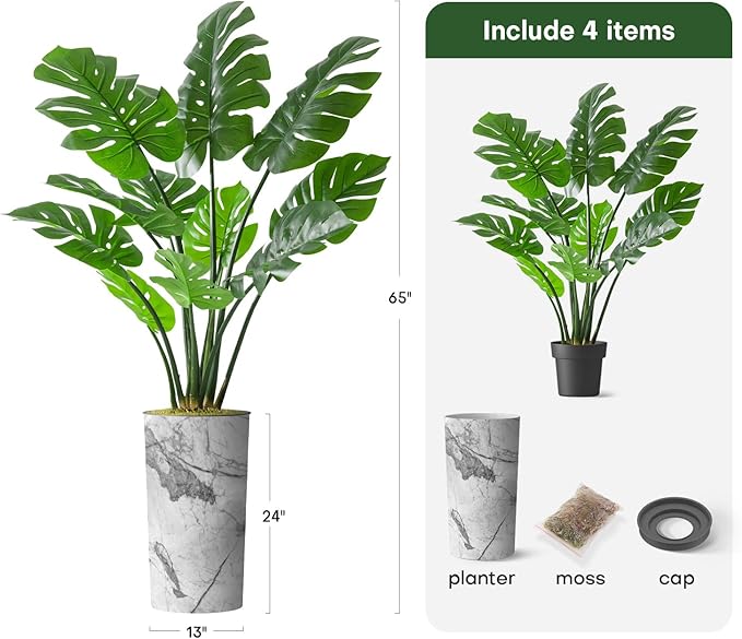 Artificial Tree in Gray Marble Effect Planter, Fake Monstera Silk Tree for Indoor and Outdoor Home Decoration - 65" Overall Tall (Plant Pot Plus Tree)