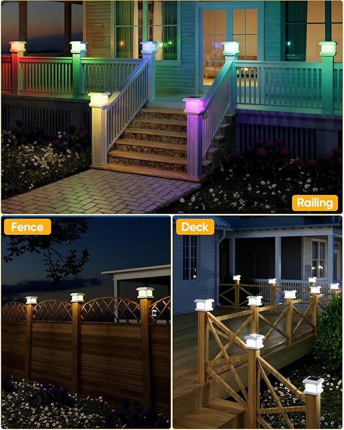 PARTPHONER RGBCW Solar Post Cap Lights 12-Pack, 9 Colors 3 Modes Fence Cap Lights, Bright Solar Outdoor Waterproof LED Deck Lighting for Fence Garden Deck Patio Porch Decor 4x4 Vinyl/Wood, White
