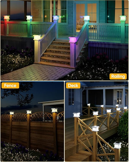 PARTPHONER RGBCW Solar Post Cap Lights 8-Pack, 9 Colors 3 Modes Fence Cap Lights, Bright Solar Outdoor Waterproof LED Deck Lighting for Fence Garden Deck Patio Porch Decor 4x4 Vinyl/Wood, White