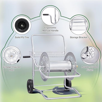 Outvita Hose Reel Cart, Hold up to 200 Ft of 5/8'', Garden Water Hose Reel Carts Mobile Tools with 2 Wheels, Heavy Duty Powder-coated with Storage Basket, for Garden, Yard, Lawn(Silver)