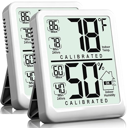 Antonki 2-Pack Room Thermometer, Digital Small Hygrometer Indoor Thermometer Humidity Gauge, Temperature Humidity Meter with Max/Min Record Monitor Sensor for Home, Plants - Battery Included