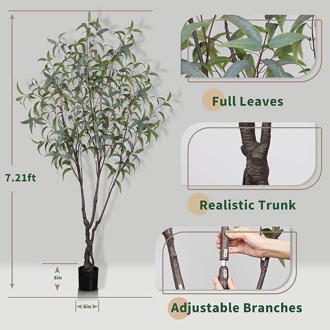 6.89ft Aritificial Eucalyptus Trees for Indoor Home Decorations, Tall Faux Eucalypt Trees with Lifelike Leaves for Outdoor Decor, Nearly Natural Fake Floor Plants for Living Room Office