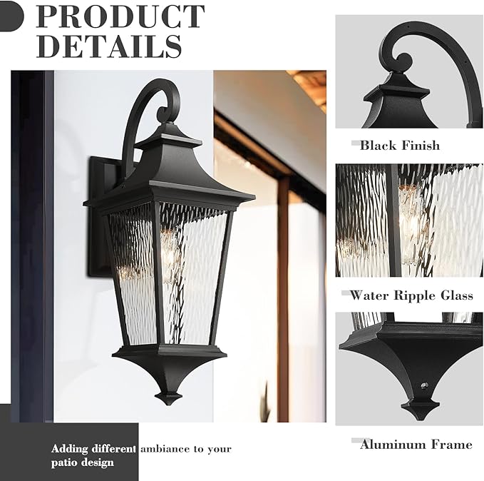 Emliviar 29.3" Exterior Waterproof Wall Sconce Light Fixture, Porch Wall Mounted Lighting with Water Ripple Glass Shade, Black Finish, XE292BL-SW BK