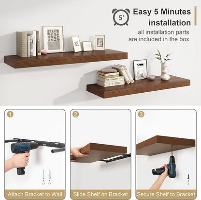 Heimlove Walnut Bathroom Shelf Floating Shelves for Over Toilet Long Wall Mounted Modern Farmhouse,48 x 12 with Invisible Brackets for Living Room, Kitchen, Bedroom