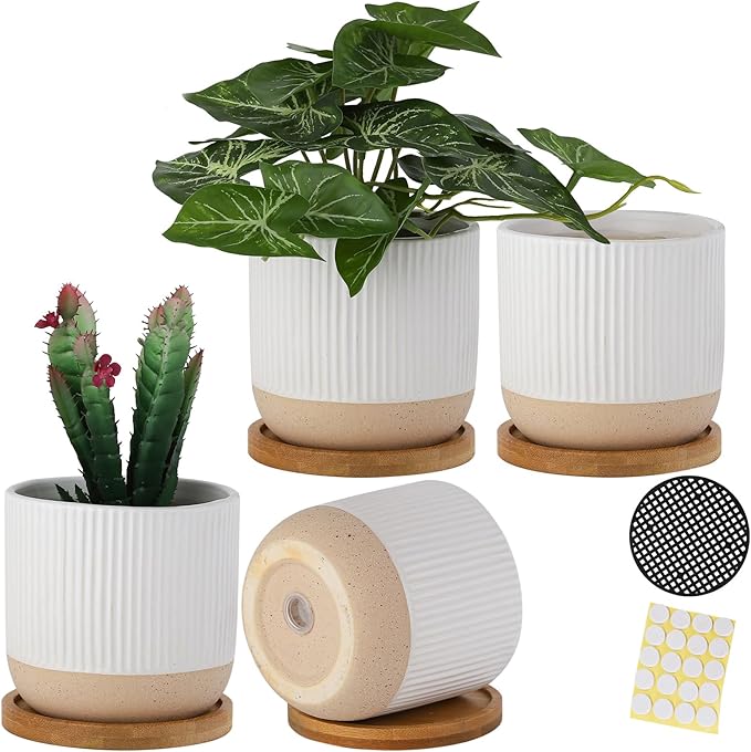 4 Inch Ceramic Plant Pots with Drainage Holes and Trays, Modern Small Minimalist Flower Planter Pot with Saucers for Indoor Plants, Succulent, Snake Plants, Cactus & Herbs, White, Set of 4