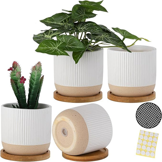 4 Inch Ceramic Plant Pots with Drainage Holes and Trays, Modern Small Minimalist Flower Planter Pot with Saucers for Indoor Plants, Succulent, Snake Plants, Cactus & Herbs, White, Set of 4