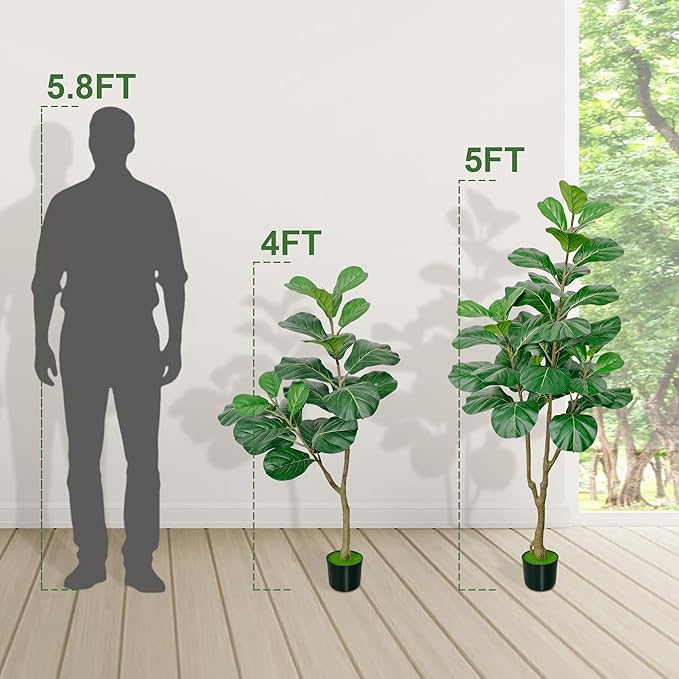 Artificial Fiddle Leaf Fig Tree, 4FT Tall Faux Ficus Lyrata Fake Tree in Black Pot, Faux Plant for Home Office Living Room Decor Aesthetic