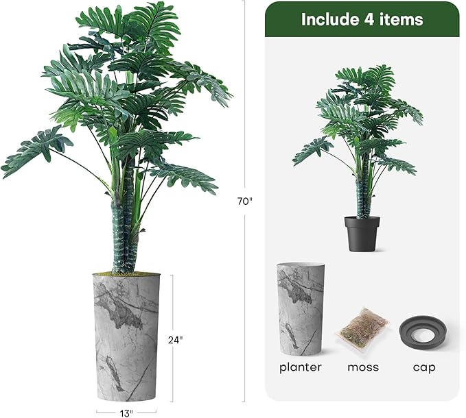 Artificial Tree in Gray Marble Effect Planter, Fake Philodendron Tree Silk Trees for Indoor and Outdoor Home Decoration - 70" Overall Tall (Plant Pot Plus Tree)