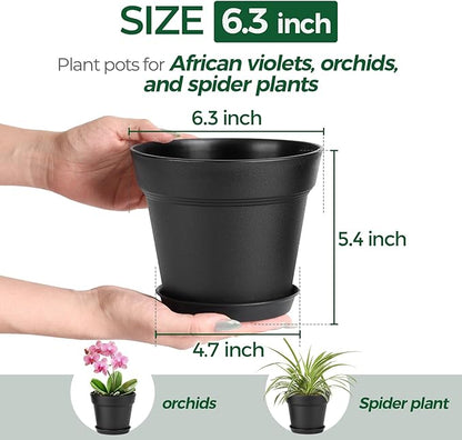T4U 6 Inch Plant Pot 8-Pack, Plastic Planter with Drainage Hole and Saucer, Decorative Nursery Pots Bulk for African Violet, Snake Plant, Succulent, Herb and Plants Indoor (8 Pcs 6" Pots, Black)