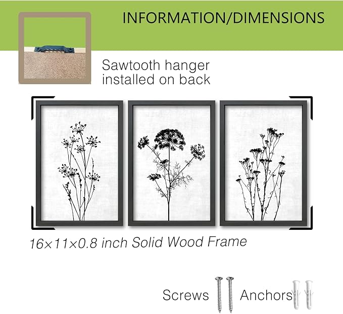 TQianJiang Flower Plant Wall Decor 16"x11" Black And White Botanical Painting Wood Framed Set of 3 Bedroom Office Abstract Wildflower Sign Hanging Art (Black)