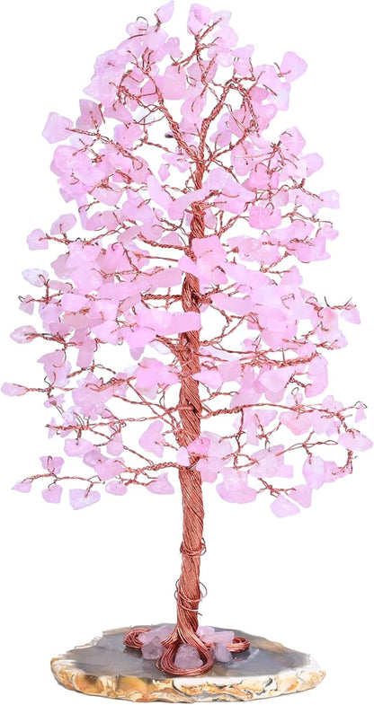"Rose Quartz Gemstone Tree of LifeNatural Reiki Crystals Gemstone Chakra Tree for Positive Energy, Geode Agate Slice Base, Feng Shui Decor, Good Luck Money Bonsai, Healing Stones, Spiritual Gift"