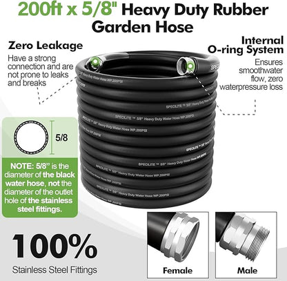 SPECILITE 5/8" Garden Hose 200 ft with High Flow Nozzle, Heavy Duty Flexible Hybrid Rubber Water Hose for Outdoor, Lightweight, Leak-Proof, No-Kink, 3/4"Stainless Steel Fittings,Black