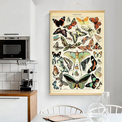 Vintage Flowers Poster Hanger Frame, Plant Floral Reference Chart Wall Decor Cottagecore Room Decor Aesthetic, Retro Style Wall Decor Art Painting Prints. (butterfly N, 29L x 20W)