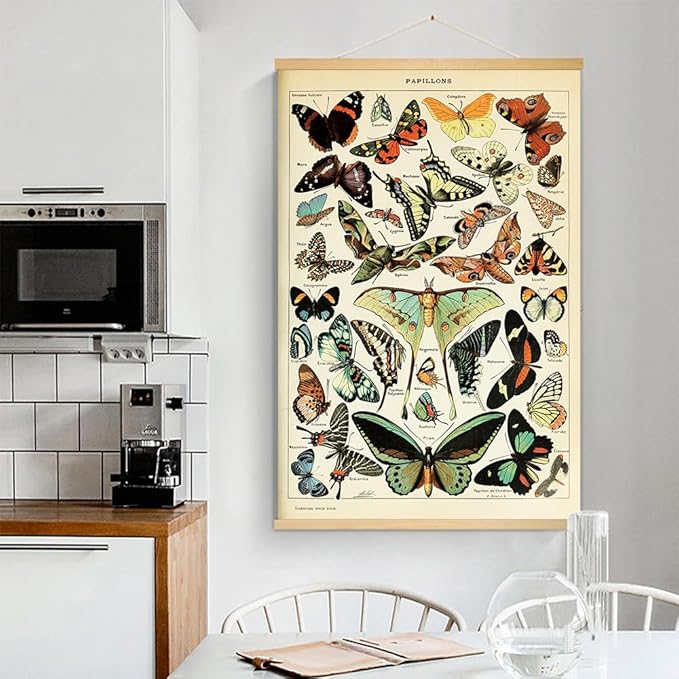 Vintage Flowers Poster Hanger Frame, Plant Floral Reference Chart Wall Decor Cottagecore Room Decor Aesthetic, Retro Style Wall Decor Art Painting Prints. (butterfly N, 24L x 16W)