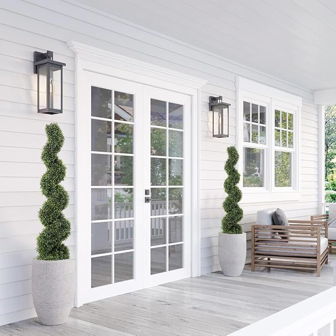 THE BLOOM TIMES 4ft Spiral Topiary Trees Artificial Outdoor Set of 2, 48" Faux Boxwood Plants Outside - All-Year Green Fake Twisted Tree for Garden Front Porch Planter Decor 4 Foot