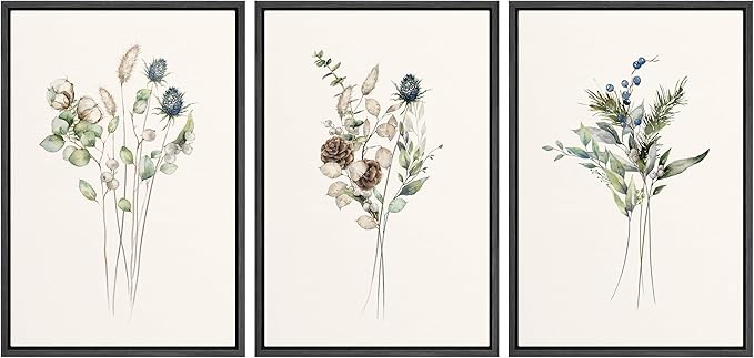Ashbrook Framed Canvas Print Wall Art Set Wildflower Bouquet Nature Wilderness Illustrations Modern Art Decorative Floral Botanical Minimal Calm/Relax/Cozy for Bedroom - 24"x36"x3 BLACK