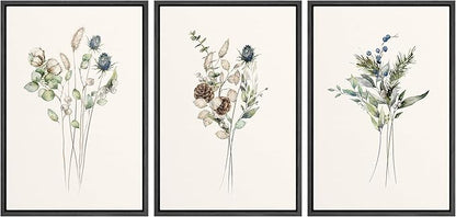 Ashbrook Framed Canvas Print Wall Art Set Wildflower Bouquet Nature Wilderness Illustrations Modern Art Decorative Floral Botanical Minimal Calm/Relax/Cozy for Bedroom - 24"x36"x3 BLACK