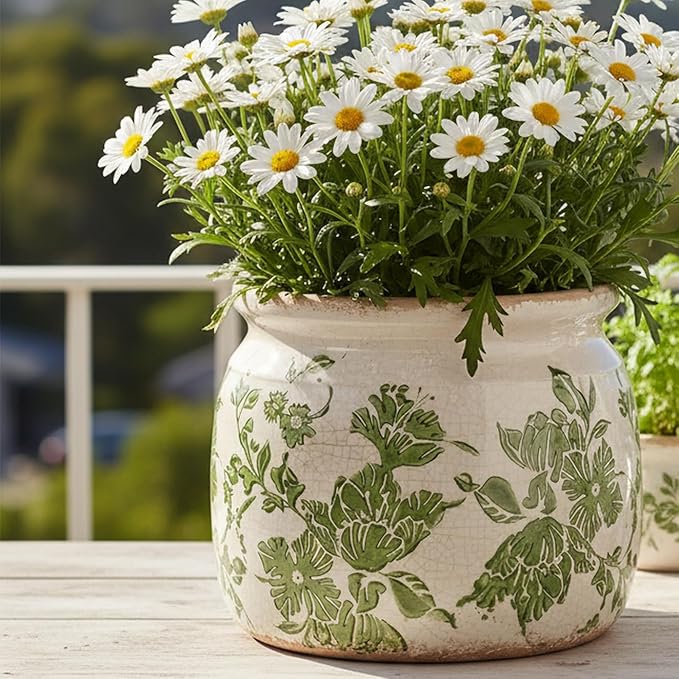 Plant Pots, Ceramic Planters for Indoor Plants, 6.29'' Flower Pots with Drainage, Vase & Planters, Vintage Indoor Plant Pots, Home & Christmas Decor, Gifts for Mom, Classic Green