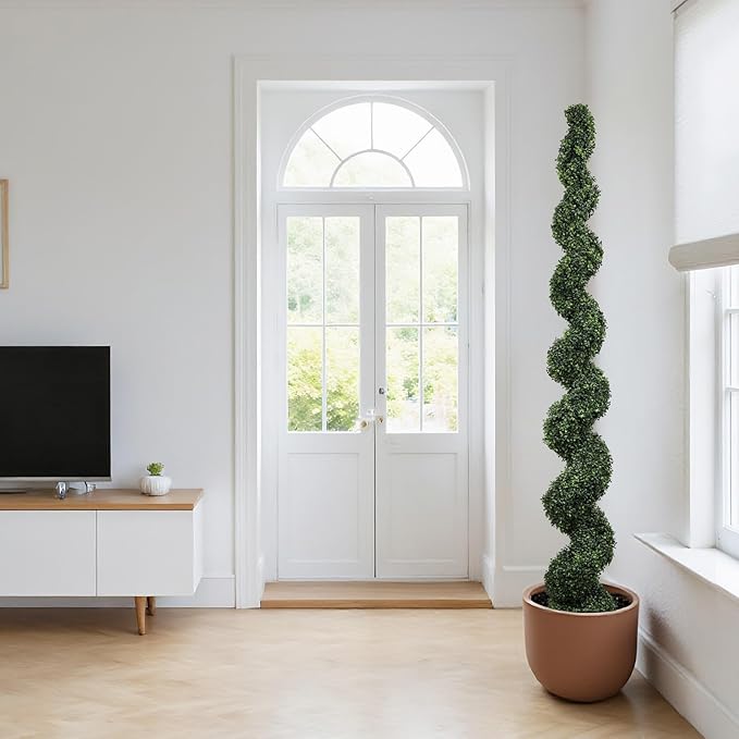7ft Tall Artificial Spiral Topiary Trees Outdoor Set of 2, Faux Boxwood Plants for Front Porch & Indoor Home Decor, UV-Resistant 7 Foot Large Fake Plants for Patio, Garden, Entryway Decor