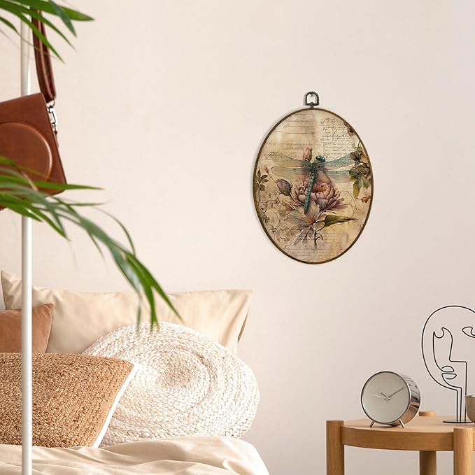 MAQIKA Farmhouse Dragonfly Oval Framed Wall Art Decor, Dragonfly Wall Decor, Dragon Fly Floral Oval Wall Hanging Decor, Vintage Dragonflies Canvas Prints Wall Art for Living Room Home, 8.7x11.3 Inch