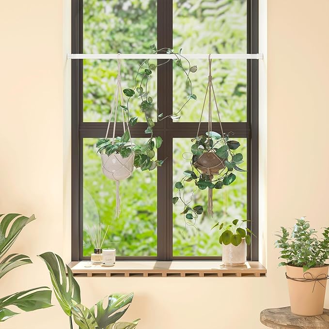 Bamworld Window Plant Hanger Indoor Adjustable Hanging Planters for Indoor Plants Spring Tension Rods 27''-51'' No Drilling Expandable Hanging Plant Holder for Hanging Basket for Balcony Decor (White)