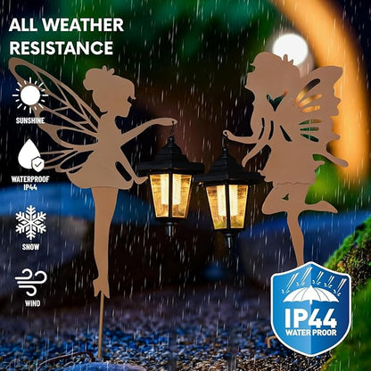 Solar Fairy Garden Decor Lights, 2 Packs, Metal Hanging Lanterns with Warm Solar Glow for Women, Mom, Friends (Rust-Colored Fairy Big Lights)