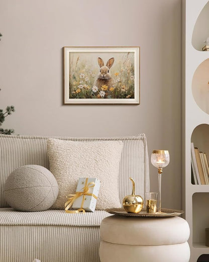 InSimSea Framed Canvas Wall Art Funny Easter Bunny Prints Wall Decor Cute Rabbit in Wildflowers Aesthetic Room Décor Floral Spring Artwork for Kids Room, Living Room, Bedroom or Festive Spaces 12x16In