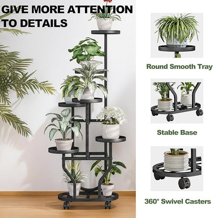 Plant Stand with Wheels 6 Tier Metal Flower Shelf for Indoor Outdoor Corner Multiple Plants Holder Rack for Bedroom Living Room Garden Balcony Yard Black (Black, 6 Tier)