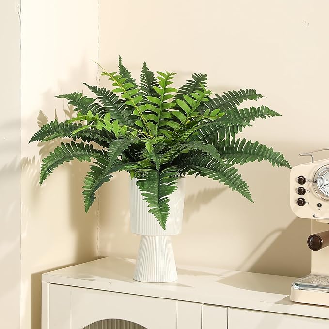 JUSTOYOU 25" Realistic Artificial Boston Fern Bush, Set of 2 with 24 Fronds Faux Fake Ferns UV Resistant Plants for Living Room, Garden, Porch and Front Door Decor